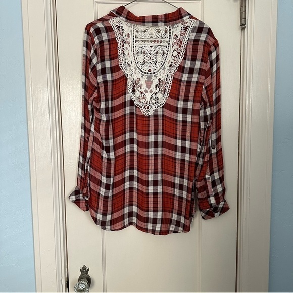 Linda Anderson Shirt Casual Button Up Plaid Unconventional Lace Red & White Sz S - Picture 3 of 11